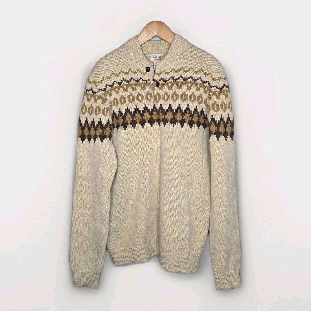 L.L. Bean Classic Ragg‎ Lambs Wool Fair Isle Henley Sweater XL Tall Grandpacore
